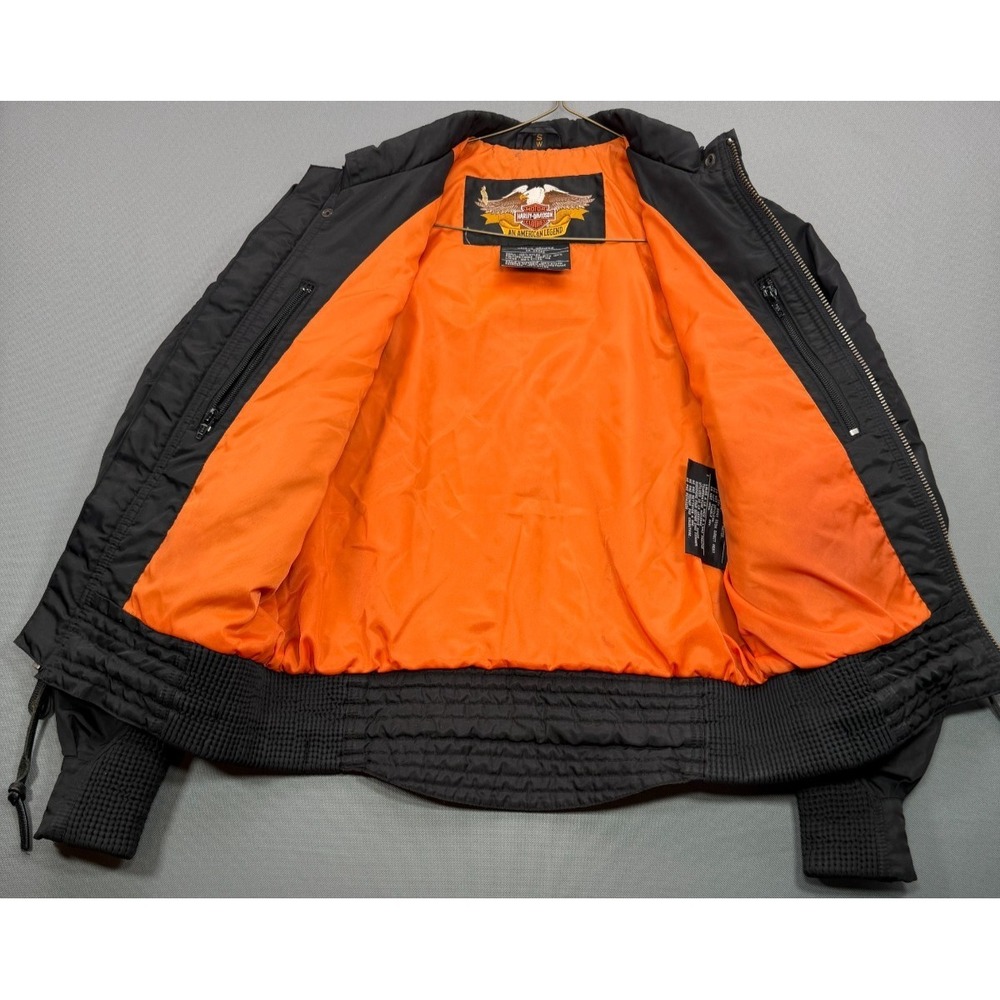 Harley-Davidson Womens Small Black Nylon Moto Bomber Jacket Orange Lining - Picture 6 of 10